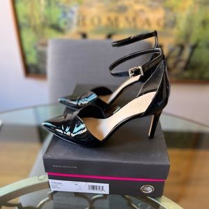 Vince Camuto Black Patent Leather Ankle Strap Pumps